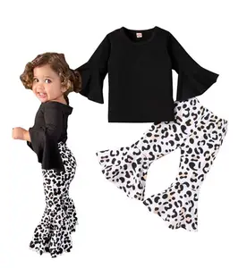 ملابس أزياء لفتاة صغيرة قطن أسود بأكمام واسعة + بنطلون مطبوع عليه فهد من قطعتين بدلة أطفال ملابس خريفية SADG-003