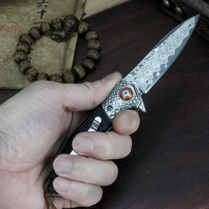 سكين صندل تكتيكي عالي الجودة أصفر قابل للطي من الدمشقي - Product Image 4