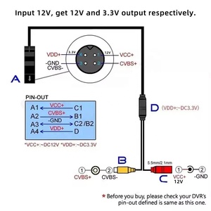 Adaptateur de signal et d'alimentation pour caméra de recul universelle de voiture, connecteur mâle 4 broches vers connecteur femelle CVBS RCA, accessoires de câblage - Product Image 3