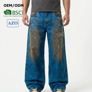 16oz Men's Wide Leg Distressed Denim Pants OEM High Waist Vintage Stonewashed Street Style Jeans With Rivets and Rhinestone Logo - Product Image 1