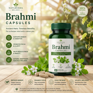 Capsules Brahmi Naturveda Wellness, 60 capsules végétariennes, complément alimentaire naturel à base de plantes, pour la mémoire, la concentration, la clarté mentale, le stress, l'éclat de la peau - Product Image 1
