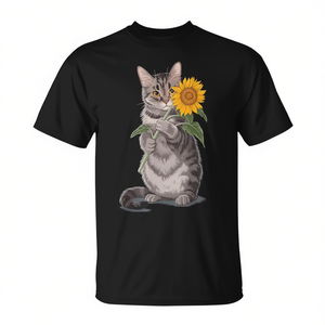 T-shirt noir unisexe avec motif chat tenant un tournesol, taille moyenne pour adulte - Product Image 2