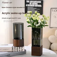 Vase en plastique hydroponique Deermei, plateau en bois, vase de table moderne, arrangement floral simple, vase circulaire noir
