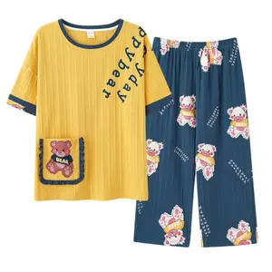 AIMINYZ 2023 Летняя женская пижама Корейская версия с коротким рукавом и капри Милая свободная тонкая большая домашняя мебель комплект из двух частей