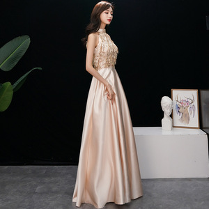Champagne-Colored Elegant Long Evening Gown High Neck A-Line Satin Wrap And Tie Empire Waistline For Female Hosts And Socialites - Product Image 3