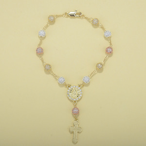 Rosario Católico de Plata, Oro Rosa de <span class=keywords><strong>14K</strong></span> y 3 Tonos con Circonitas Cúbicas, Borla, Jesús, Virgen María, Cristianismo, Cruz - Product Image 1