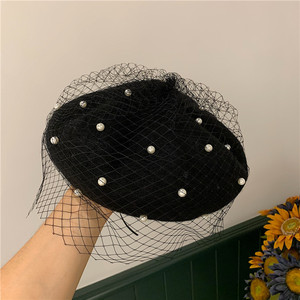 Boina francesa con velo de malla y perlas de fieltro de lana 100% para <span class=keywords><strong>mujer</strong></span>, gorro cálido de Color sólido, sombrero de artista para pintor, disfraces de fantasía, 10 colores - Product Image 4