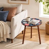 Table d'appoint ronde à motif mandala, pieds en bois massif en spirale, détachable, torsadé, pour café ou table d'appoint, montage facile, style nordique
