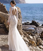 Robes de mariée scintillantes à motif sirène couleur champagne sur mesure NDB10761, bustier illusion sexy