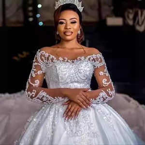 Off-Shoulder Lace Ball Gown Wedding Dress White Long Sleeves Embroidery Empire Waistline Full Train - Product Image 3