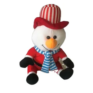 28cm promotional customized stuffed red plush christmas snowman toy with striped hat&scarf for Christmas Day