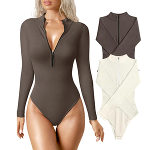 Body de mujer sexy acanalado de una pieza con cremallera frontal, manga larga, color liso y parte inferior elástica - Product Image 3