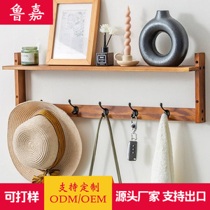 Wall-mounted Floating <b>Shelf</b> With <b>Hooks</b> Solid Wood 2-tier Storage Rack For Entryway Living Room Bedroom Organization - Product Image 5
