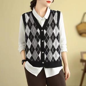 Chaleco de Punto Acrílico/Poliéster con Patrón de Diamantes Otoñales, Cuello en V con Botones, Estilo Preppy, Cárdigan para <span class=keywords><strong>Mujer</strong></span> - Product Image 6