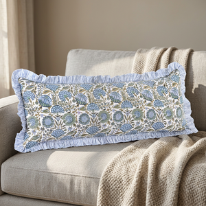 RIDHI 20x54 Long Lumbar <b>Pillow</b> Cover Floral Ruffle Cotton Sham Customizable Block Print Removable Washable for Back <b>Decor</b> - Product Image 3