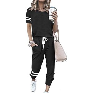 Women <b>Summer</b> Two Piece Outfits Striped Short Sleeve Pullover And Long <b>Pants</b> Tracksuit Casual Breathable Lounge Set - Product Image 1