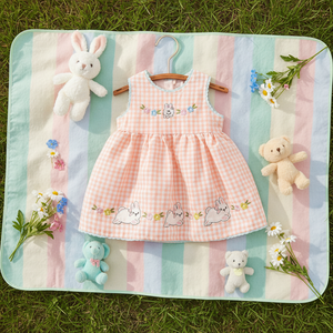 <span class=keywords><strong>Vestito</strong></span> Estivo per Bambina con Collo a O, Motivo a Quadri, Stratificato, Ricamato con Coniglietto, Vendita all'Ingrosso - Product Image 2