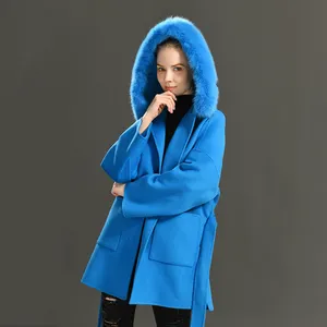새로운 디자인 느슨한 크기 여성 겨울 진짜 여우 모피 칼라 커프스 캐시미어 코트 도매 여성 후드 플러스 양모 코트