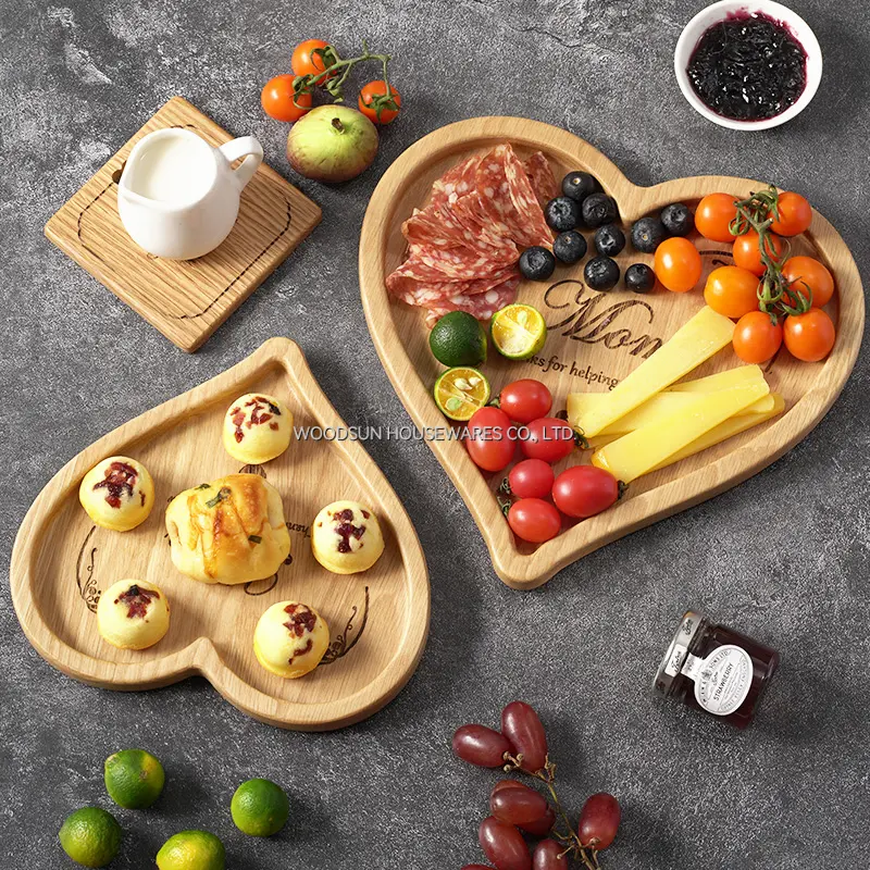 Woodsun Mother's Day Gift Heart Shaped Breakfast Tray Wooden Plates For Restaurants