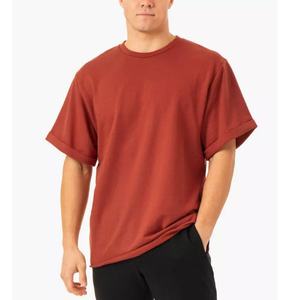 T-shirts de sport pour hommes de haute qualité 100% coton, surdimensionnés, pour la salle de sport, l'entraînement physique, l'été, manches pliables, motif imprimé, tissu tricoté - Product Image 5