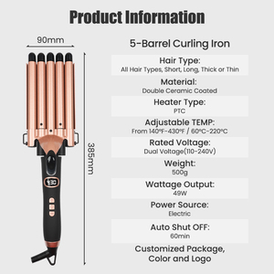 เครื่องม้วนผมแบบมืออาชีพ 5 หัว <span class=keywords><strong>ม้วน</strong></span>ลอนลึก เซรามิก ทัวร์มาลีน แบบสามท่อ ร้อนเร็ว สำหรับทำลอนชายหาด - Product Image 4