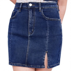 Jupe en jean tissé 100 % coton OEM en gros, mini, taille haute, sexy, coupe trapèze, décontractée, boutonnée, fente irrégulière, colorée, délavée, légère, pour l'été - Product Image 1
