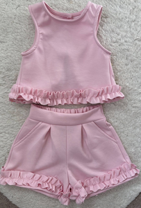 GSSO3638 Ensemble personnalisé pour petite fille active, rose uni, manches courtes, vêtements pour enfants, vente en gros - Product Image 2