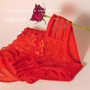Calzoncillos de encaje transpirables de tiro bajo para mujer de Jacquard rojo estilo coreano Sexy y encantador Logotipo de cintura de 'buena suerte' - Product Image 2