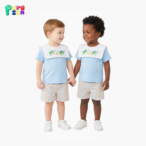 Puresun 批发两件套儿童服装套装刺绣儿童衣服背带领定制100%纯棉男童服装套装 - Product Image 1