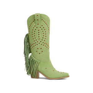 Bottes hautes personnalisées WETKISS pour femme, à franges, ornées de strass, bout pointu, talon carré, bottes longues vertes, style western cowgirl - Product Image 2