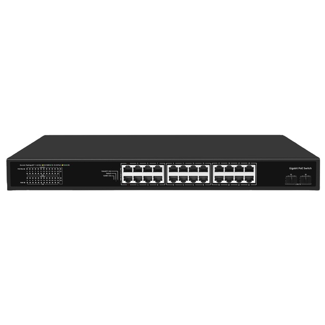 24+2 Port Full Gigabit Unmanaged PoE Switch 24 Gigabit PoE Ports 2 Gigabit SFP Optical Ports Optical Network Switch