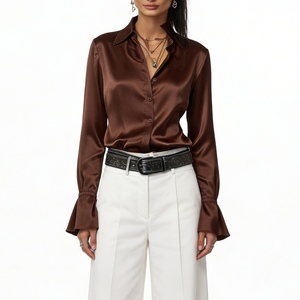 Women's Satin Ruffle Collar Sleeve Blouse - Button Front Casual <b>Top</b> Shirt Fashion - Product Image 3