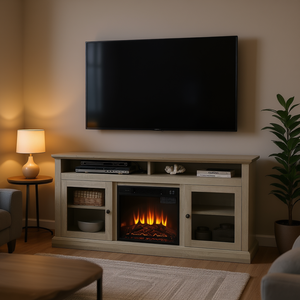 Meuble TV contemporain gris pierre 60W avec insert de cheminée 18 pouces, rangement ouvert et fermé pour téléviseur 65 pouces, console de divertissement moderne - Product Image 2