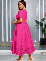 AM050656 Robe longue décontractée et élégante pour femme, col rond, manches bouffantes, dentelle ajourée, coupe trapèze, taille haute, orange et blanc