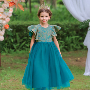 Childrens Princess Dress Lake Blue O Neck A Line Tutu Flower Girl Wedding Performance Costume - Product Image 4