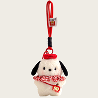 Porte-clés en peluche chiot blanc Kawaii, breloque de sac mignonne avec lunettes rouges, chapeau et volant pour décoration de sac à dos, cadeau