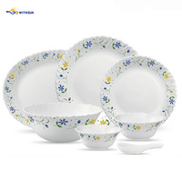 Service de table en verre opale 33 pièces, motif floral bleu et jaune, bord festonné, assiettes, bols, cuillères, pour la maison