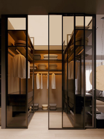 Système de dressing de luxe en U avec portes vitrées, armoire de chambre moderne en bois verrouillable, îlot à bijoux, éclairage LED, pour école