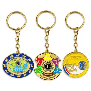 Promotional metal key chains custom logo chinese lion club enamel keychain key ring