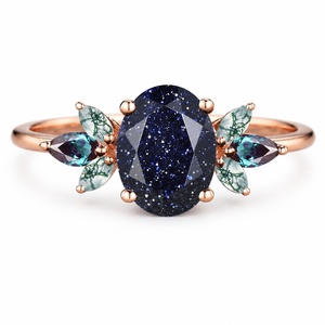 Anillo de Plata de Ley 925 Chapado en Oro Rosa con Piedra Arenisca Azul, Corte Ovalado con Detalles de Hojas Marquise, Diseño de Racimo Impresionante - Product Image 1