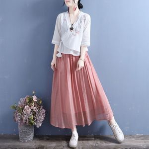 Traditional Chinese Cotton Linen Embroidered Mid-Sleeve Top Women V-Neck Tie Front Floral Pattern Tea Shirt Zen Style - Product Image 2