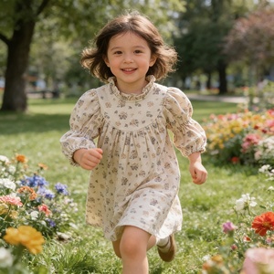 <span class=keywords><strong>Abito</strong></span> Lungo da Bambina Primavera Autunno 2026, Stile Retrò Floreale con Colletto a Bocciolo, in Puro Cotone Morbido, Modello Principessa <span class=keywords><strong>Elegante</strong></span> - Product Image 1