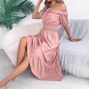 Vestido Largo Casual de Estilo Europeo y Americano para Primavera/Verano 2026, con Hombros Descubiertos, Volantes, Manga Corta, Cintura Ajustada y Plisada para <span class=keywords><strong>Mujer</strong></span> - Product Image 3