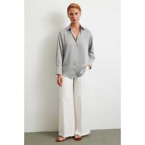 Chemise à motif diagonal gris pour femme en popeline, manches classiques, haut simple pour tous les jours - Product Image 5