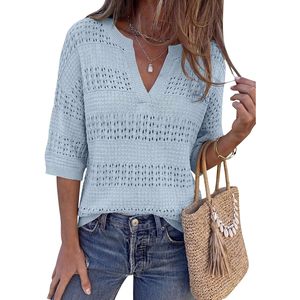 Tops de ganchillo para mujer, cuello en V, suéter holgado de manga corta, para verano y playa - Product Image 1