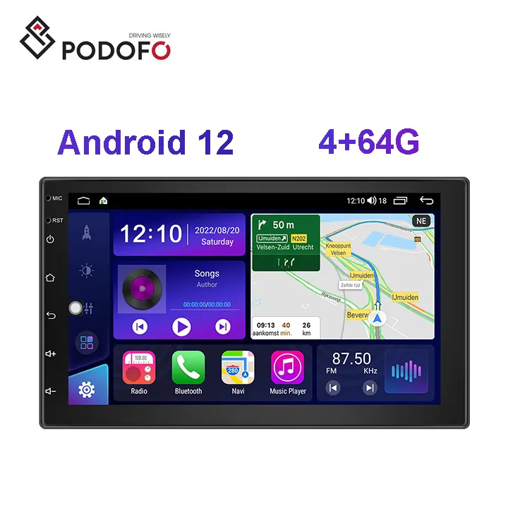 Podofo 8 Core 4+64G 7" Double Din Android 12 Car Radio Stereo Carplay Android Auto 4G WIFI GPS BT DSP FM RDS Support 360 Camera