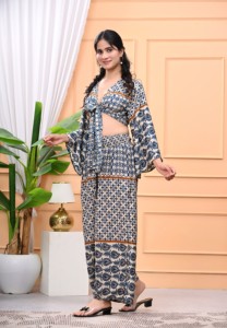 Conjunto de Dos Piezas Boho Estampado de Algodón Transpirable para Mujer, Talla Única, con Pantalones Acampanados y Blusa de Manga Campana (Corte A) - Product Image 2