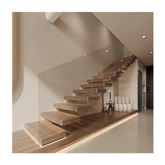 Wholesale Modern Design Indoor Straight Floating Steel Staircase Tread Solid Wood Tempered Glass Clear Stair Treads Glass