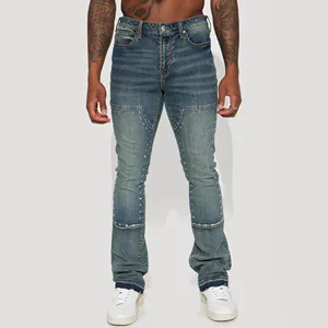 OEM ODM Men's Bussdown Studded Patch Stacked Skinny Flare Vintage Blue wash Denim Jeans Long Pants Custom Your Logo Color Size