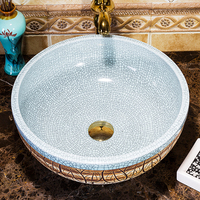 Fregadero de encimera hecho a mano de estilo europeo, lavado de ropa de cerámica, cuenco de lavabo de lujo gris claro con craquelado y alivio a la venta